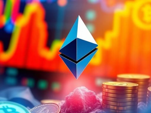 Ethereum logo rising amidst colorful digital coins.