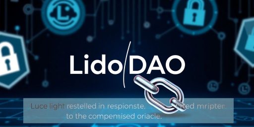 Lido DAO logo with broken chain link and blockchain background.