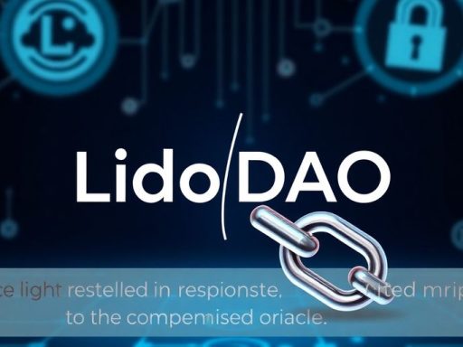 Lido DAO logo with broken chain link and blockchain background.