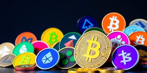 Colorful altcoin logos with Bitcoin logo in background.