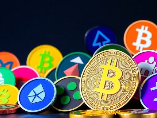 Colorful altcoin logos with Bitcoin logo in background.