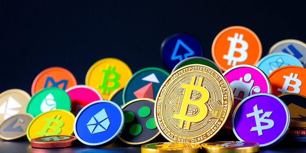 Colorful altcoin logos with Bitcoin logo in background.