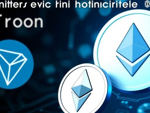 Tether, Tron, and Ethereum logos with blockchain elements.