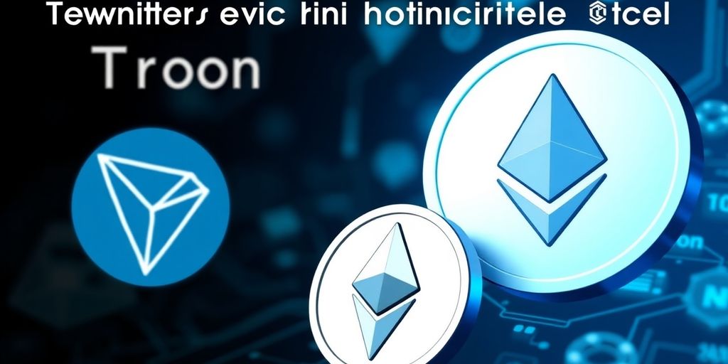 Tether, Tron, and Ethereum logos with blockchain elements.
