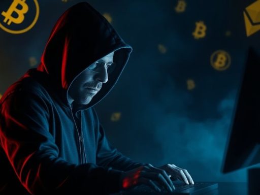 Hacker at computer with glowing screen and crypto symbols.