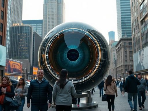Futuristic eye-scanning orb in urban setting with pedestrians.