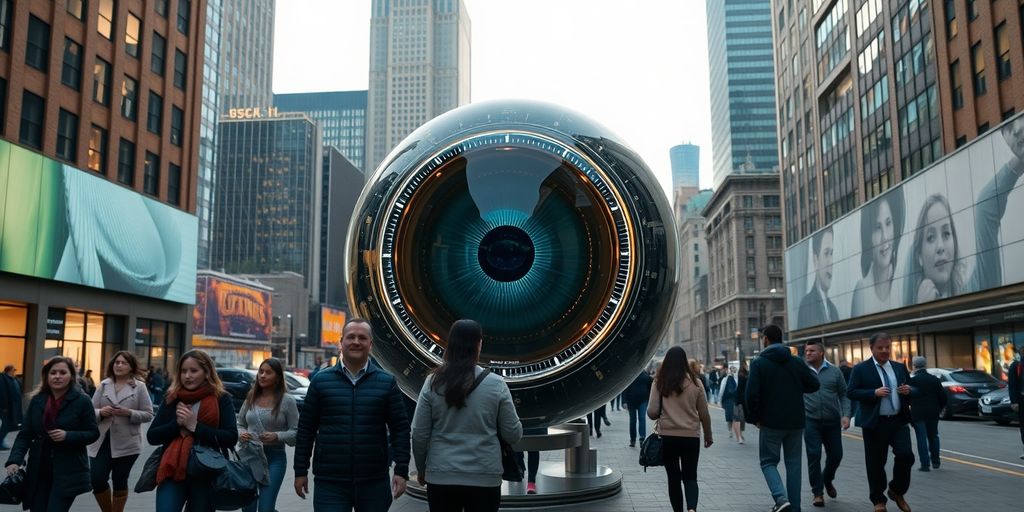 Futuristic eye-scanning orb in urban setting with pedestrians.