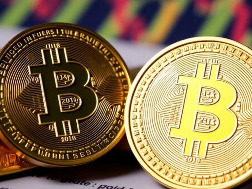 Gold bars with a bright Bitcoin coin in focus.