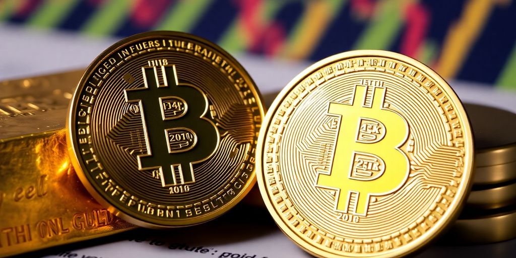 Gold bars with a bright Bitcoin coin in focus.