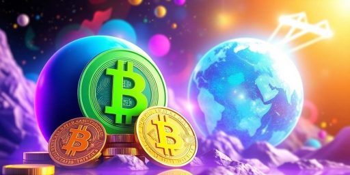 Bitcoin symbols with futuristic planet in the background.