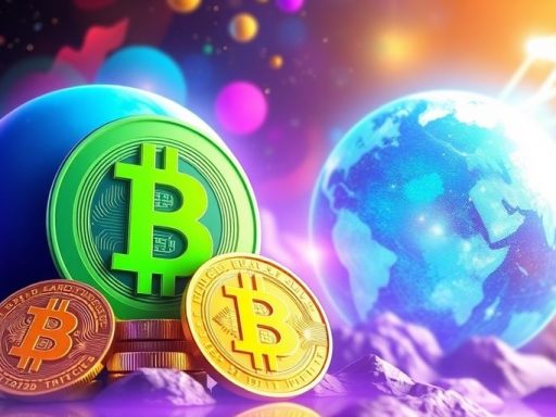 Bitcoin symbols with futuristic planet in the background.