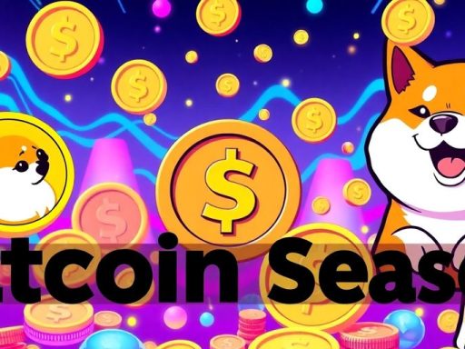 Colorful meme coins with playful graphics celebrating altcoin season.
