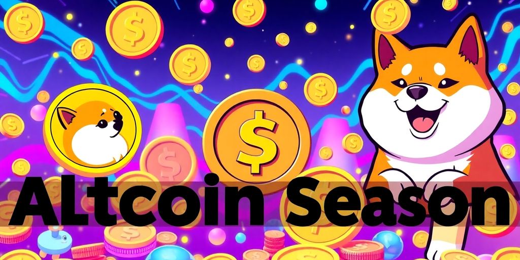 Colorful meme coins with playful graphics celebrating altcoin season.