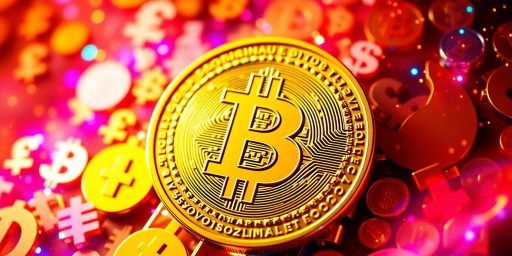 Golden Bitcoin coin with colorful digital currency symbols.