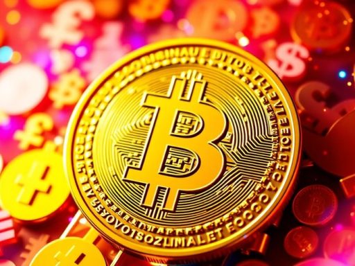 Golden Bitcoin coin with colorful digital currency symbols.