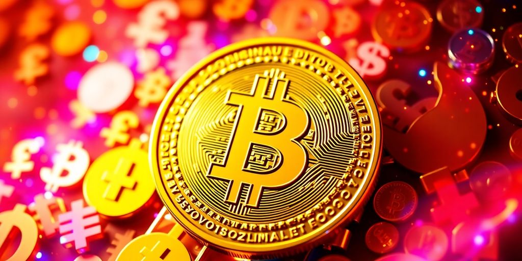 Golden Bitcoin coin with colorful digital currency symbols.