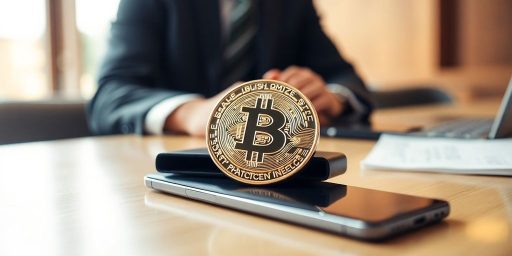 Bitcoin coin on digital wallet in an office setting.