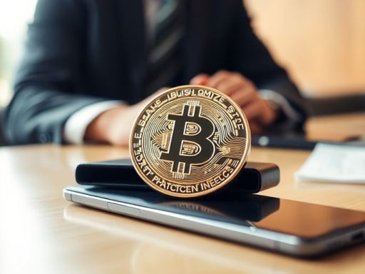 Bitcoin coin on digital wallet in an office setting.