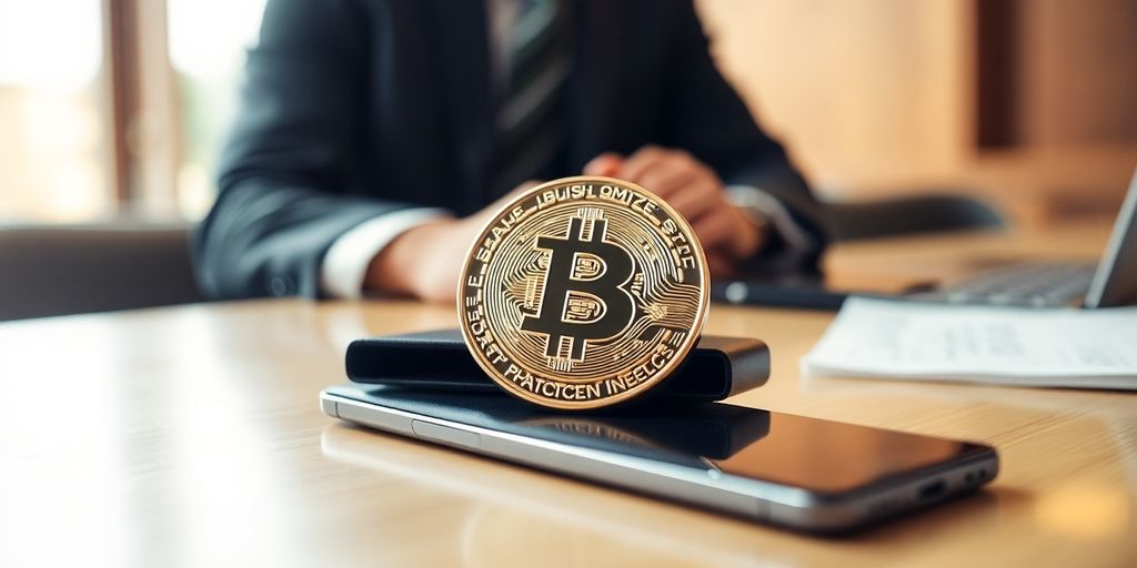 Bitcoin coin on digital wallet in an office setting.