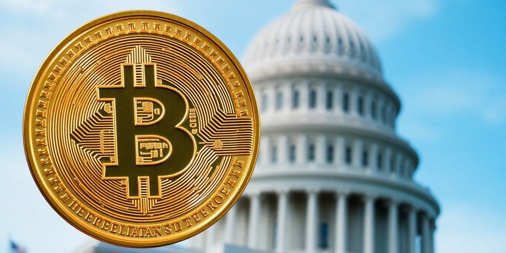 Cryptocurrency coin with the Capitol building in the background.