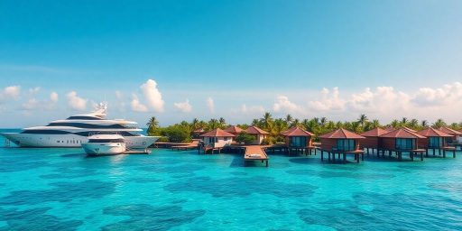 Maldives tropical paradise with modern architecture and luxury yachts.