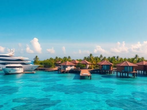 Maldives tropical paradise with modern architecture and luxury yachts.
