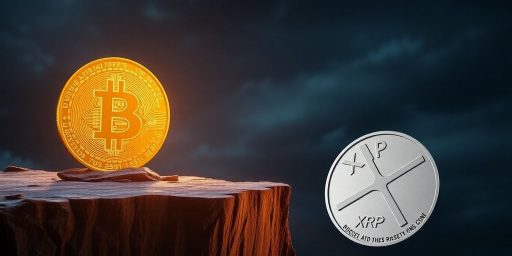 Bitcoin and XRP coins near a rocky cliff edge.