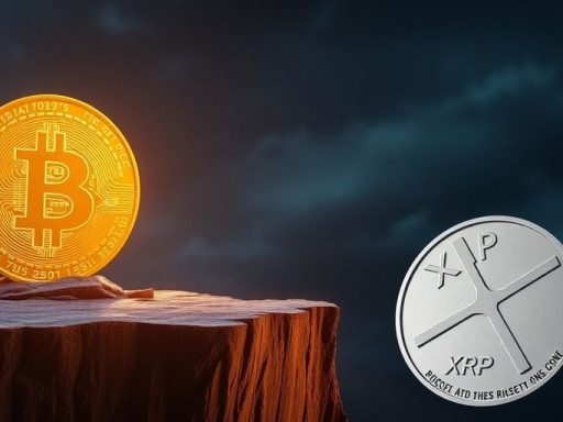 Bitcoin and XRP coins near a rocky cliff edge.