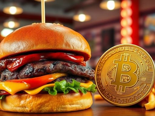 Steak burger with a Bitcoin coin on a table.