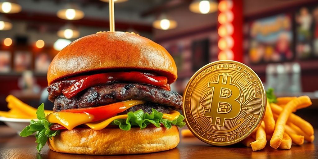 Steak burger with a Bitcoin coin on a table.