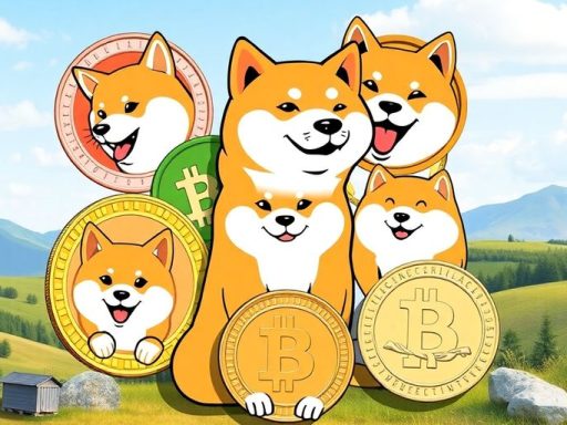 Colorful memecoins like Dogecoin in a relaxed setting.