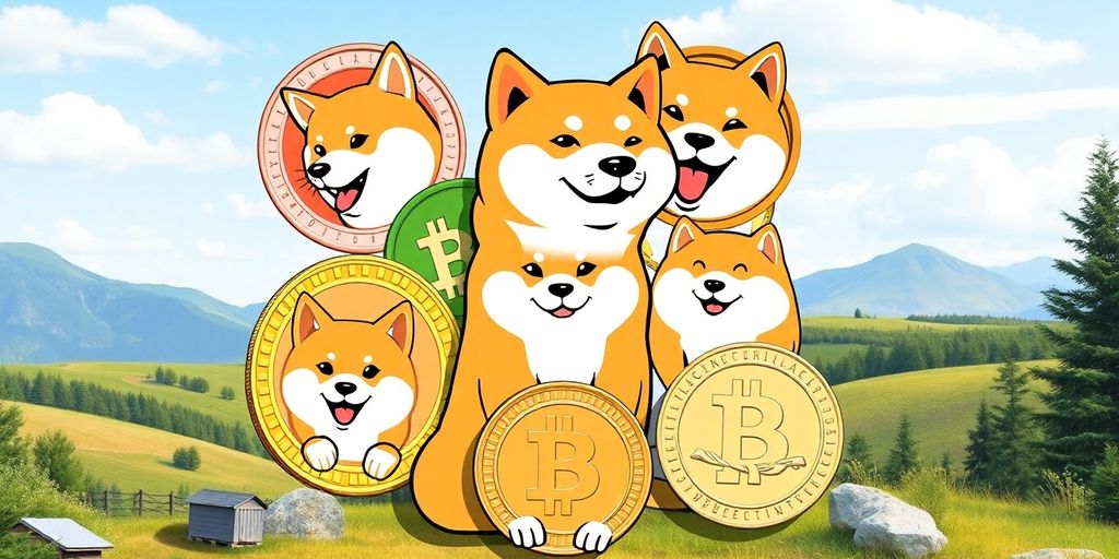 Colorful memecoins like Dogecoin in a relaxed setting.