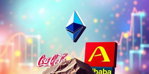 Ethereum logo rising above Coca-Cola and Alibaba symbols.