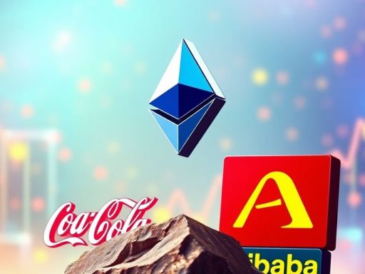 Ethereum logo rising above Coca-Cola and Alibaba symbols.