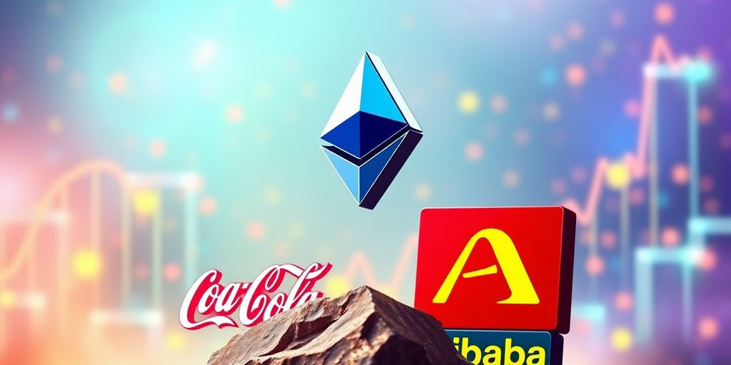 Ethereum logo rising above Coca-Cola and Alibaba symbols.