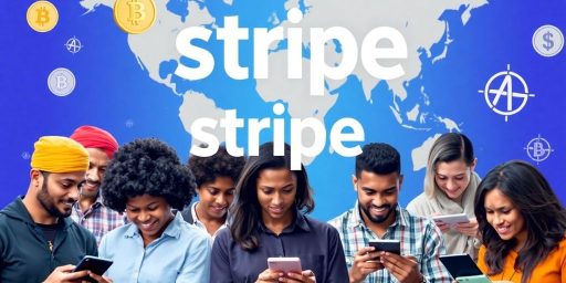 People using devices with stablecoin and financial icons around.
