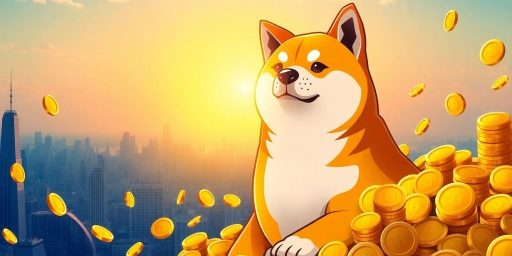 Shiba Inu dog with gold coins, symbolizing Dogecoin rally.