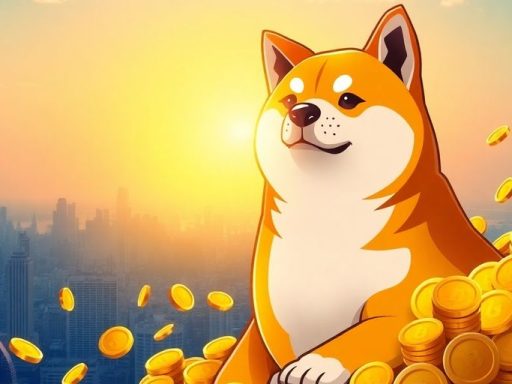 Shiba Inu dog with gold coins, symbolizing Dogecoin rally.
