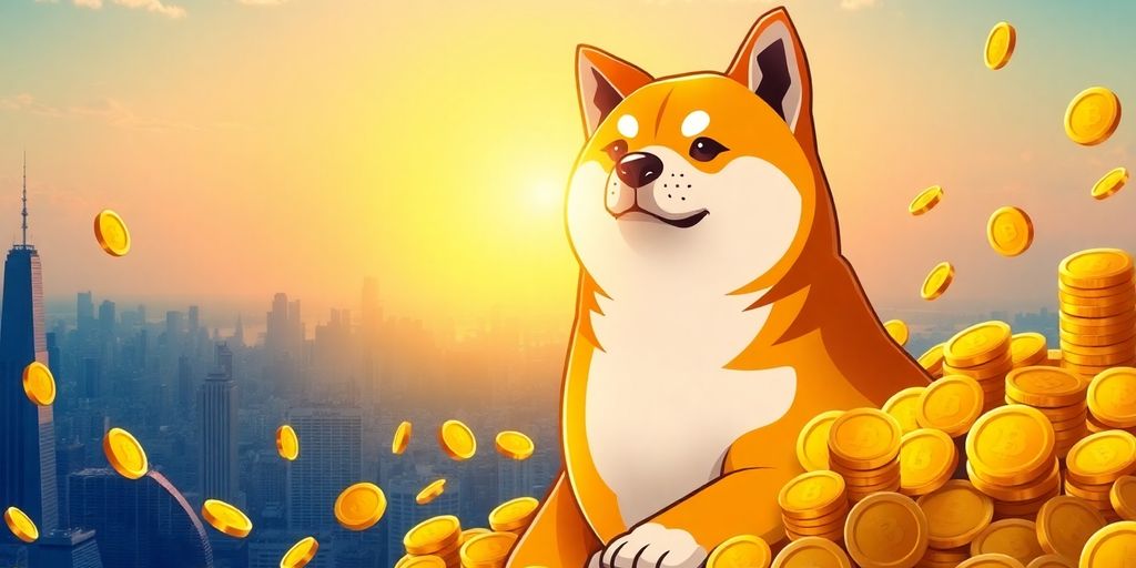 Shiba Inu dog with gold coins, symbolizing Dogecoin rally.