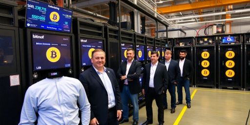 Investors observing Bitcoin mining operations in an industrial setting.