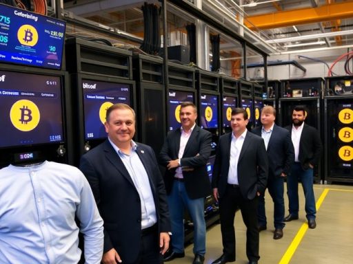 Investors observing Bitcoin mining operations in an industrial setting.