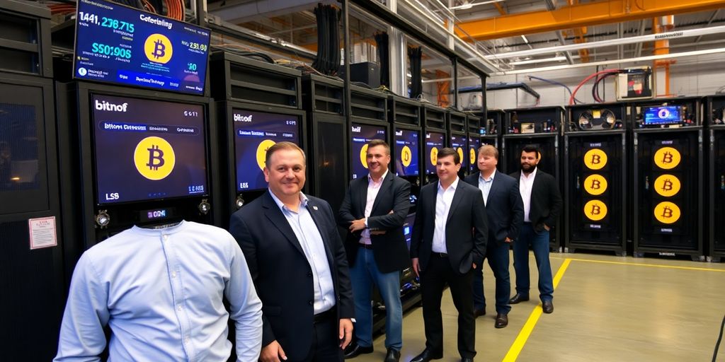 Investors observing Bitcoin mining operations in an industrial setting.
