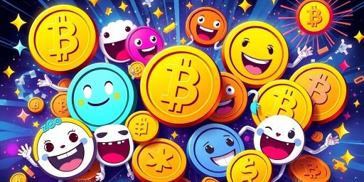 Colorful memecoins with fun faces in a lively crypto scene.