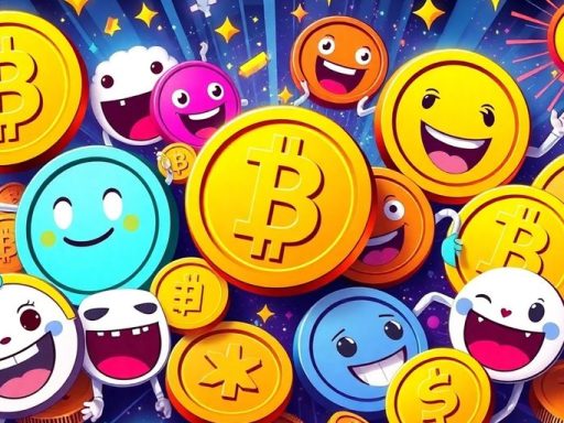 Colorful memecoins with fun faces in a lively crypto scene.