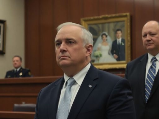 Courtroom setting with anxious man and wedding photo.