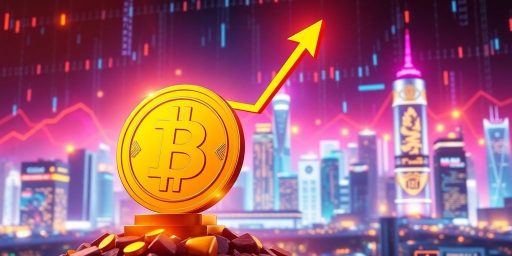 Bullish BNB coin rising in a vibrant digital cityscape.