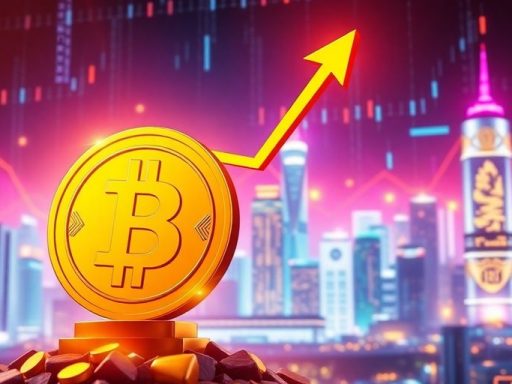 Bullish BNB coin rising in a vibrant digital cityscape.