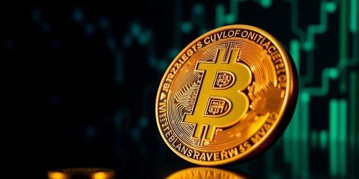 Golden Bitcoin coin on a dark digital background.