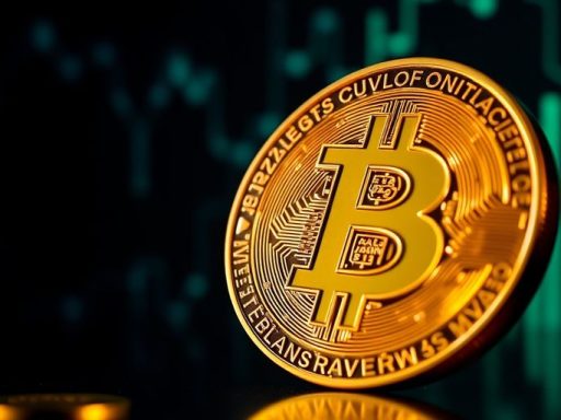 Golden Bitcoin coin on a dark digital background.