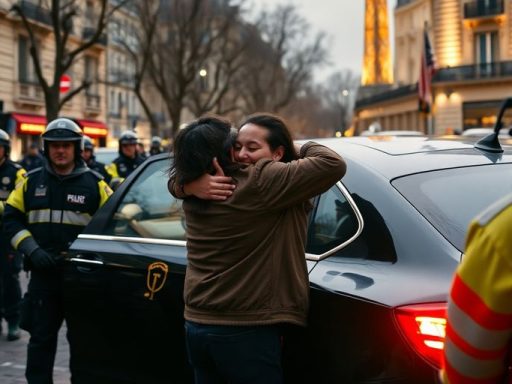 Police rescue operation scene in Paris with family reunion.